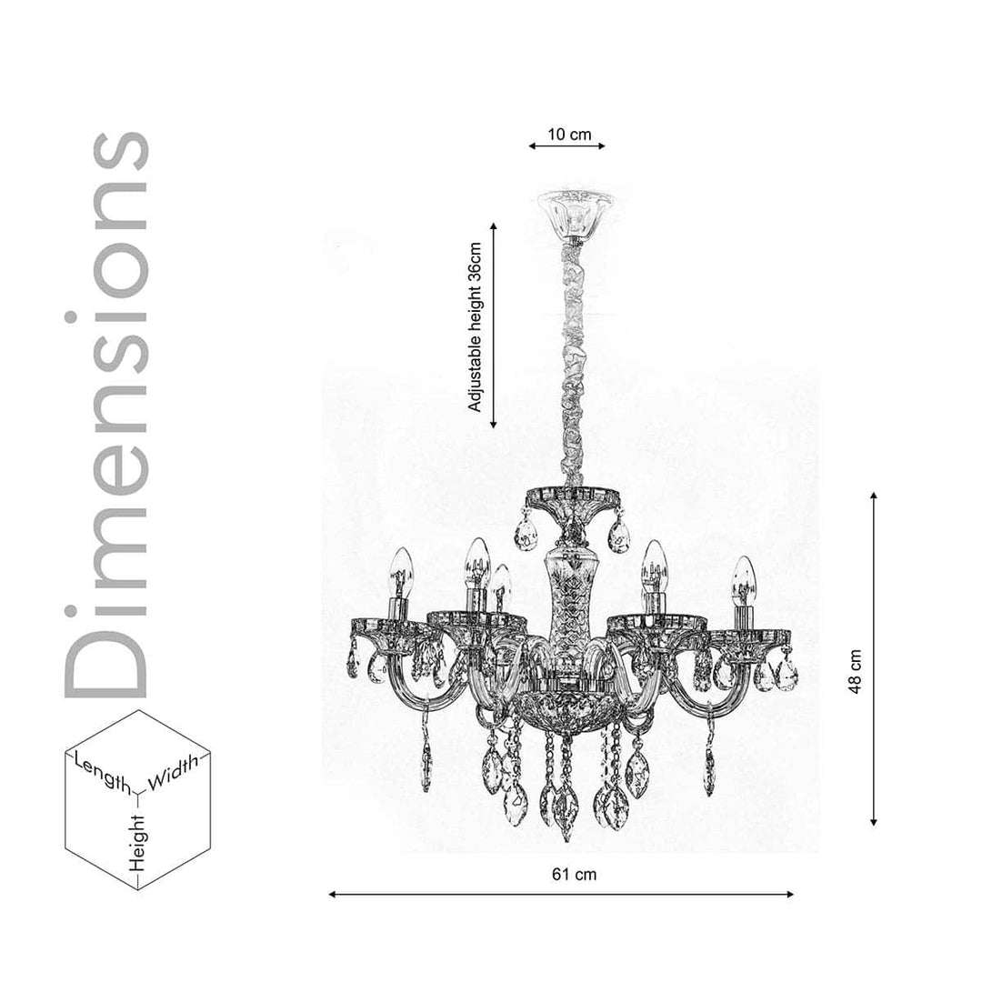 Marie Theresa 6 Arm Ceiling Chandelier In Amber & Clear Finish With Glass Crystal Drops & Trim