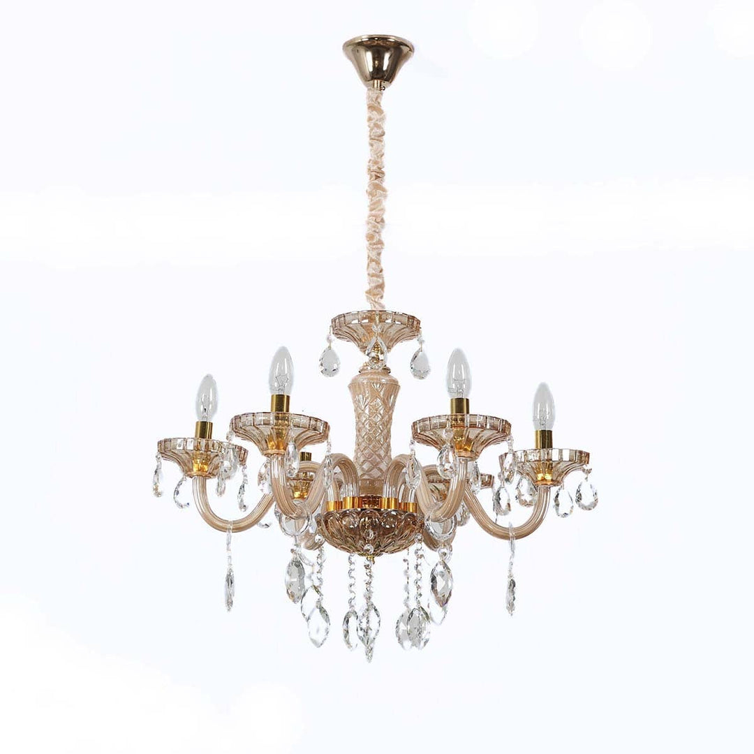 Marie Theresa 6 Arm Ceiling Chandelier In Amber & Clear Finish With Glass Crystal Drops & Trim