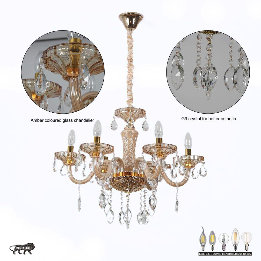 Marie Theresa 6 Arm Ceiling Chandelier In Amber & Clear Finish With Glass Crystal Drops & Trim