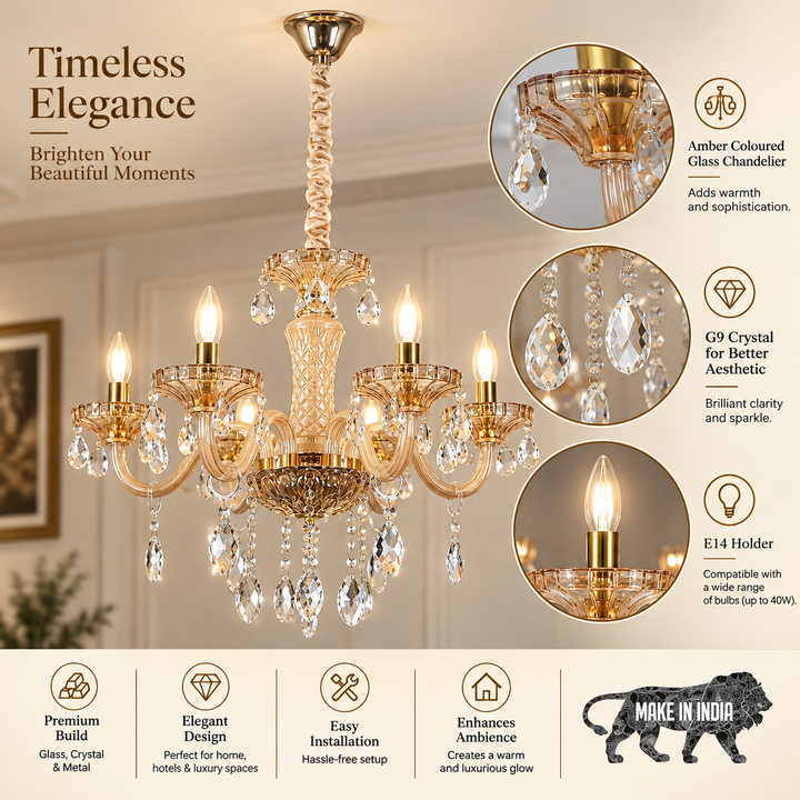 MARIE Theresa 6 Arm Ceiling Chandelier In Amber & Clear Finish With Glass Crystal Drops & Trim