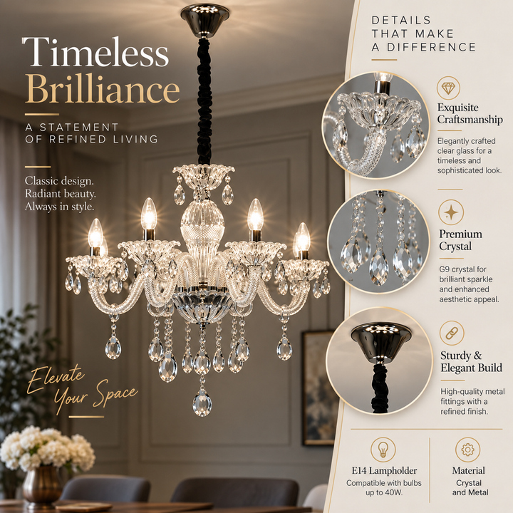 PARIS 8 Arm Ceiling Chandelier In Chrome & Clear Finish With Glass Crystal Drops & Trim