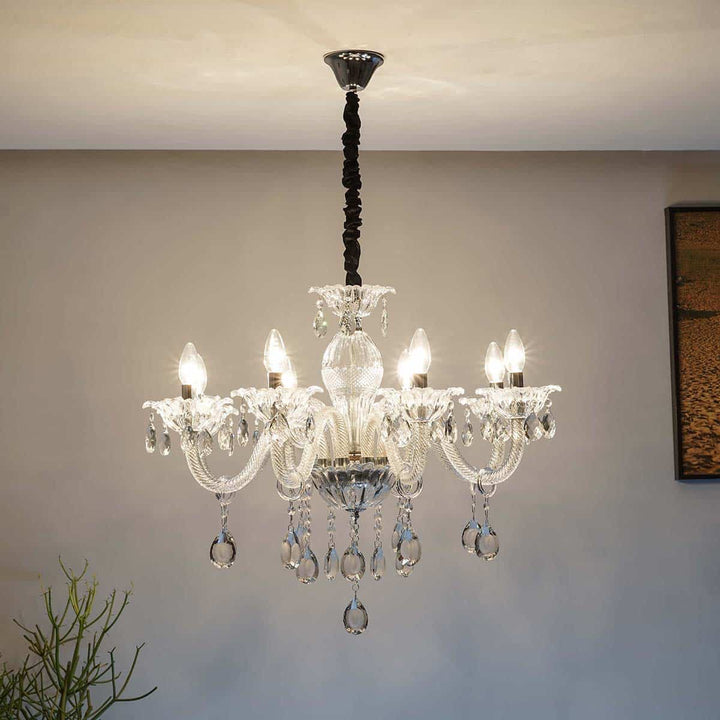 Paris 8 Arm Ceiling Chandelier In Chrome & Clear Finish With Glass Crystal Drops & Trim