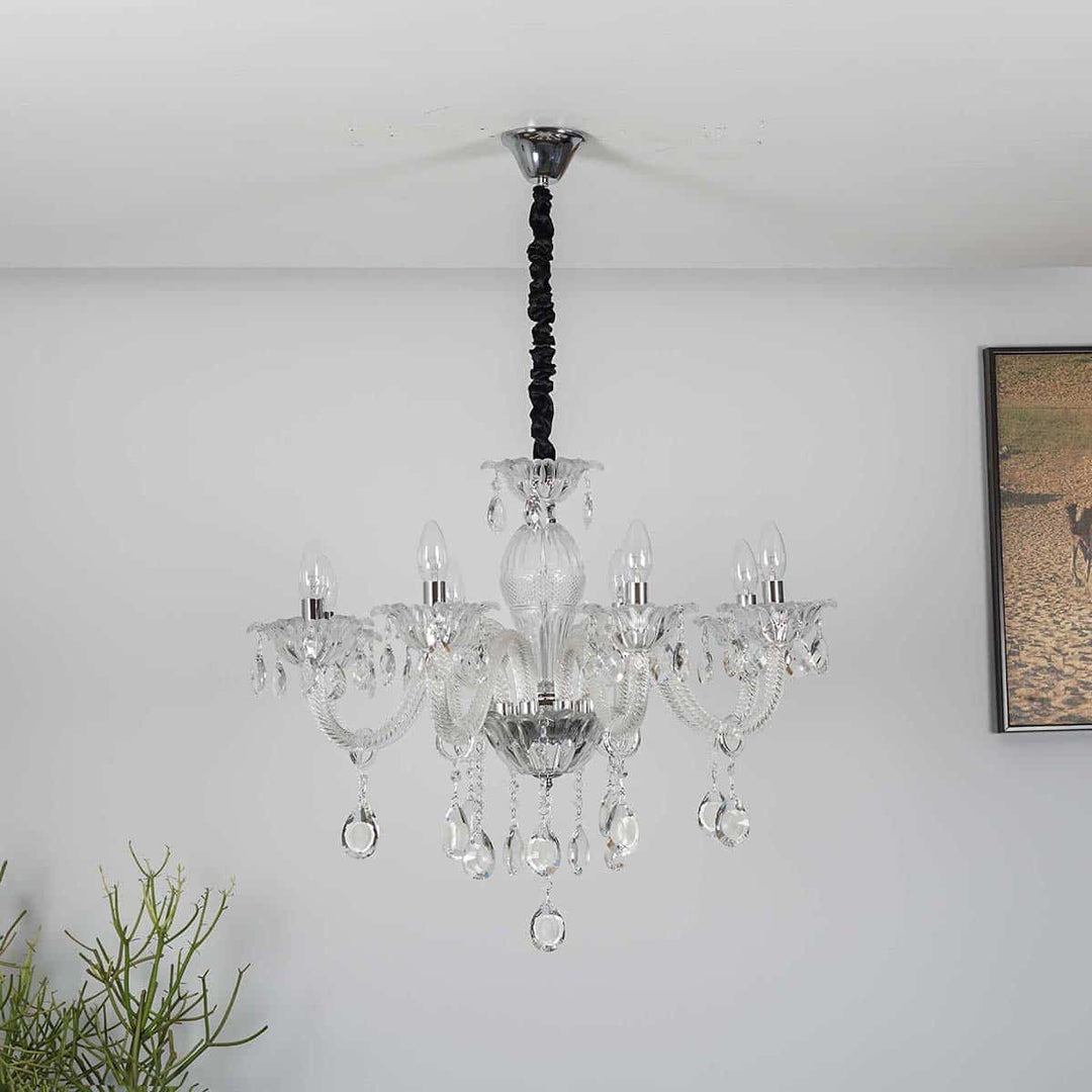 Paris 8 Arm Ceiling Chandelier In Chrome & Clear Finish With Glass Crystal Drops & Trim