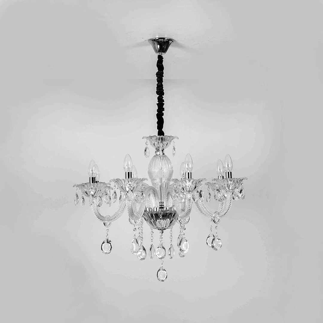 Paris 8 Arm Ceiling Chandelier In Chrome & Clear Finish With Glass Crystal Drops & Trim