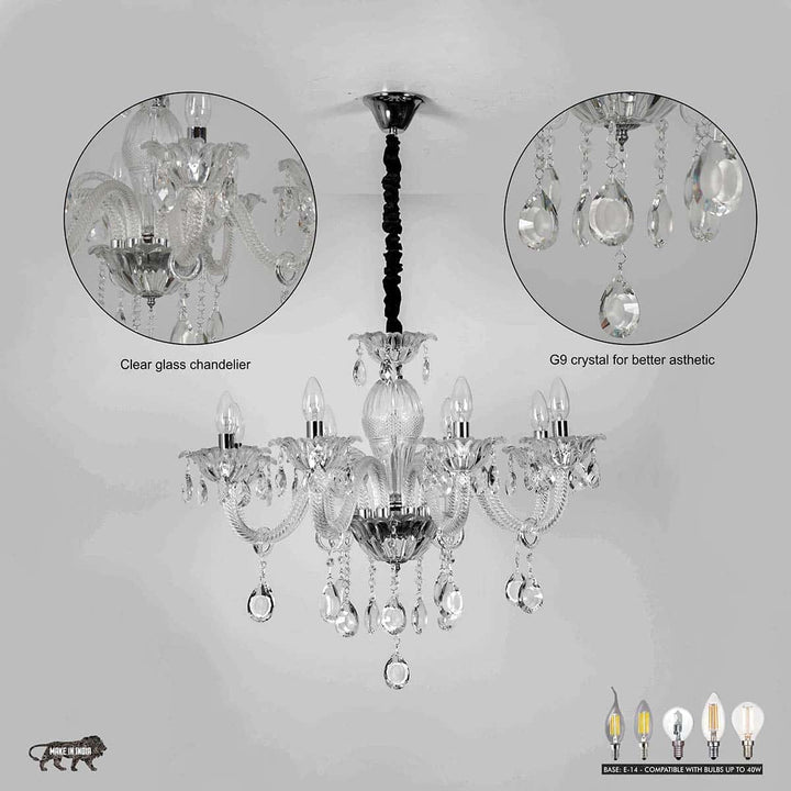 Paris 8 Arm Ceiling Chandelier In Chrome & Clear Finish With Glass Crystal Drops & Trim