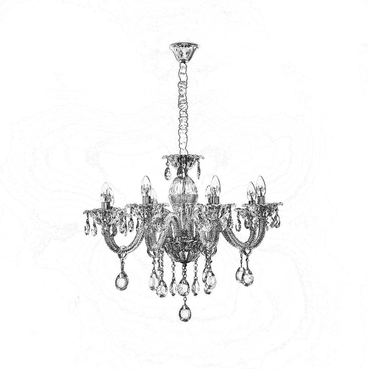 Paris 8 Arm Ceiling Chandelier In Chrome & Clear Finish With Glass Crystal Drops & Trim