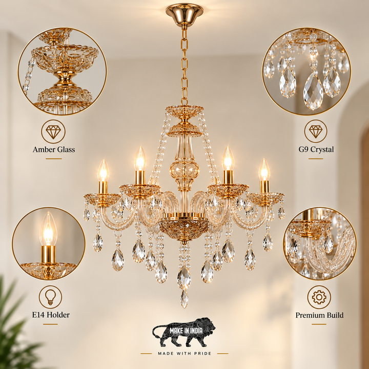 VELA 8 Arm Ceiling Chandelier In Brass & Clear Finish With Glass Crystal Drops & Trim