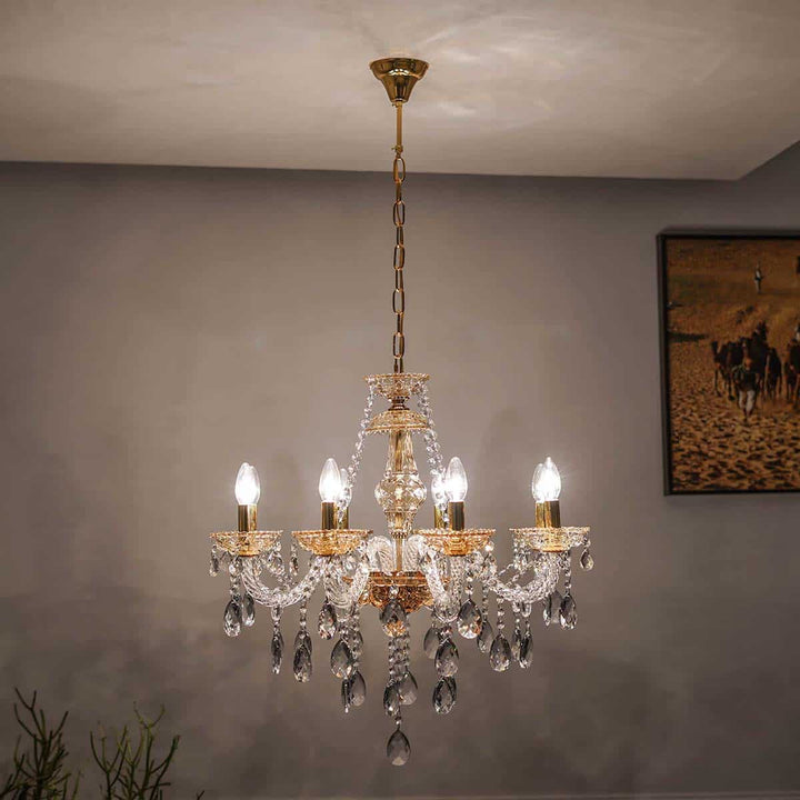 Vela 8 Arm Ceiling Chandelier In Brass & Clear Finish With Glass Crystal Drops & Trim