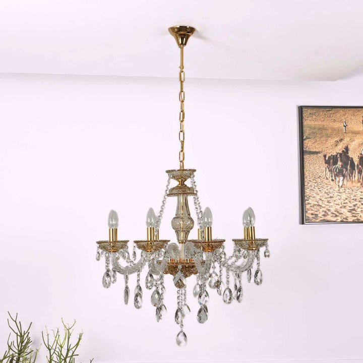 Vela 8 Arm Ceiling Chandelier In Brass & Clear Finish With Glass Crystal Drops & Trim