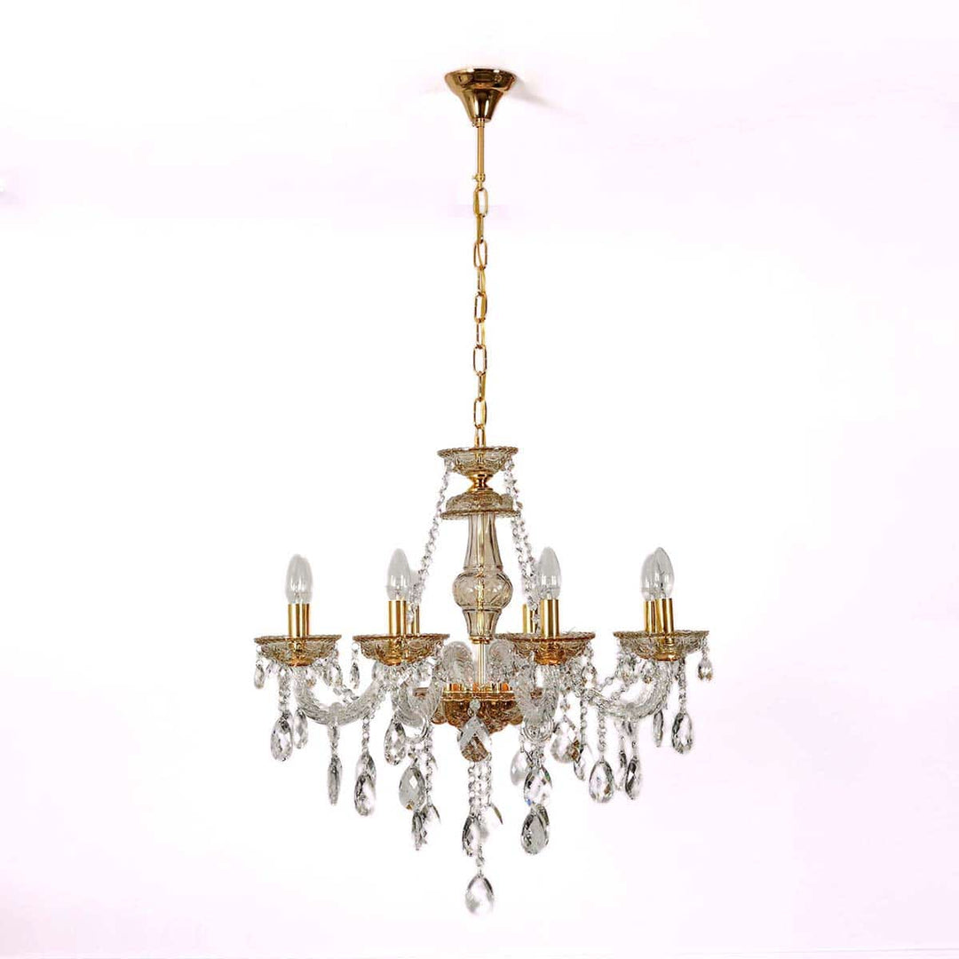 Vela 8 Arm Ceiling Chandelier In Brass & Clear Finish With Glass Crystal Drops & Trim