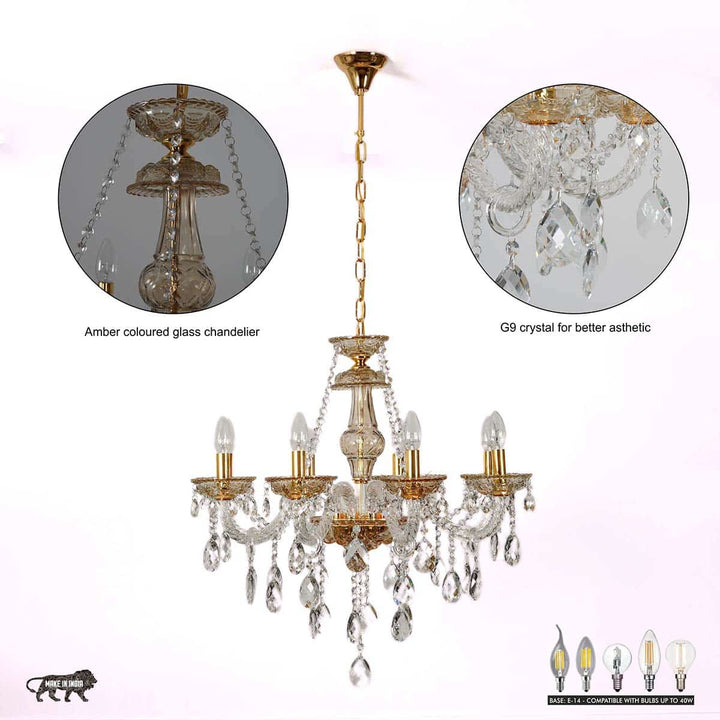 Vela 8 Arm Ceiling Chandelier In Brass & Clear Finish With Glass Crystal Drops & Trim