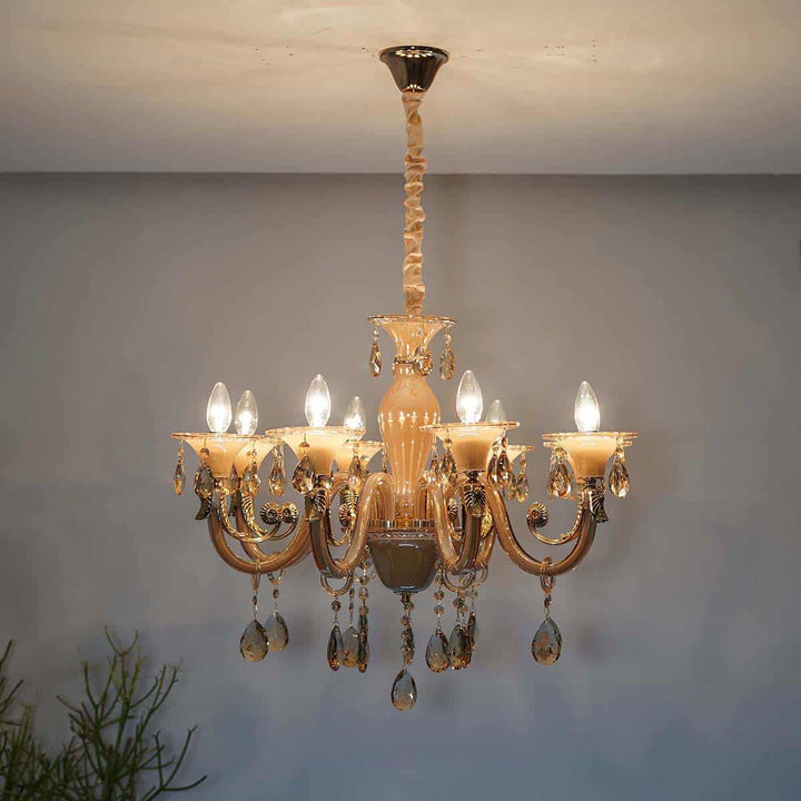 Raphael 8 Arm Ceiling Chandelier In Amber & Clear Finish With Clear Glass Crystal Drops & Trim