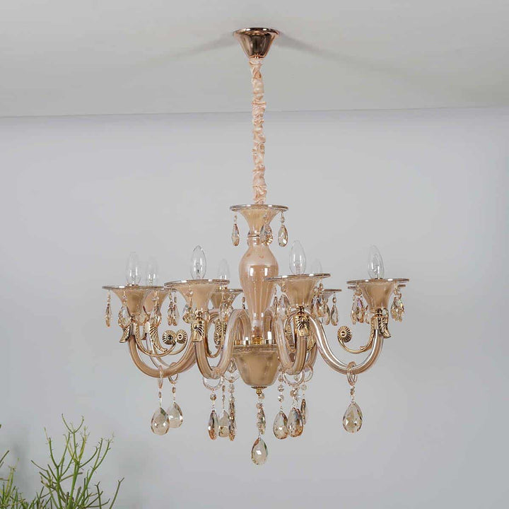 Raphael 8 Arm Ceiling Chandelier In Amber & Clear Finish With Clear Glass Crystal Drops & Trim