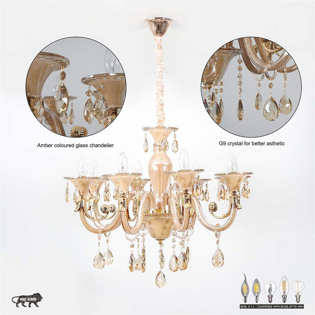 Raphael 8 Arm Ceiling Chandelier In Amber & Clear Finish With Clear Glass Crystal Drops & Trim