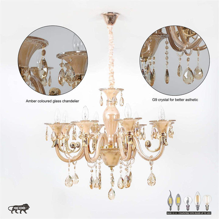 Raphael 8 Arm Ceiling Chandelier In Amber & Clear Finish With Clear Glass Crystal Drops & Trim