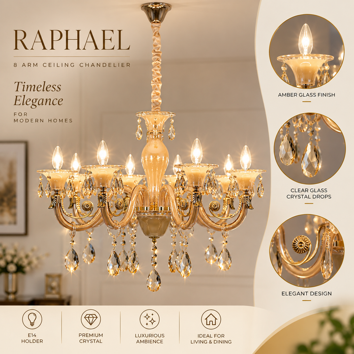 RAPHAEL 8 Arm Ceiling Chandelier In Amber & Clear Finish With Clear Glass Crystal Drops & Trim