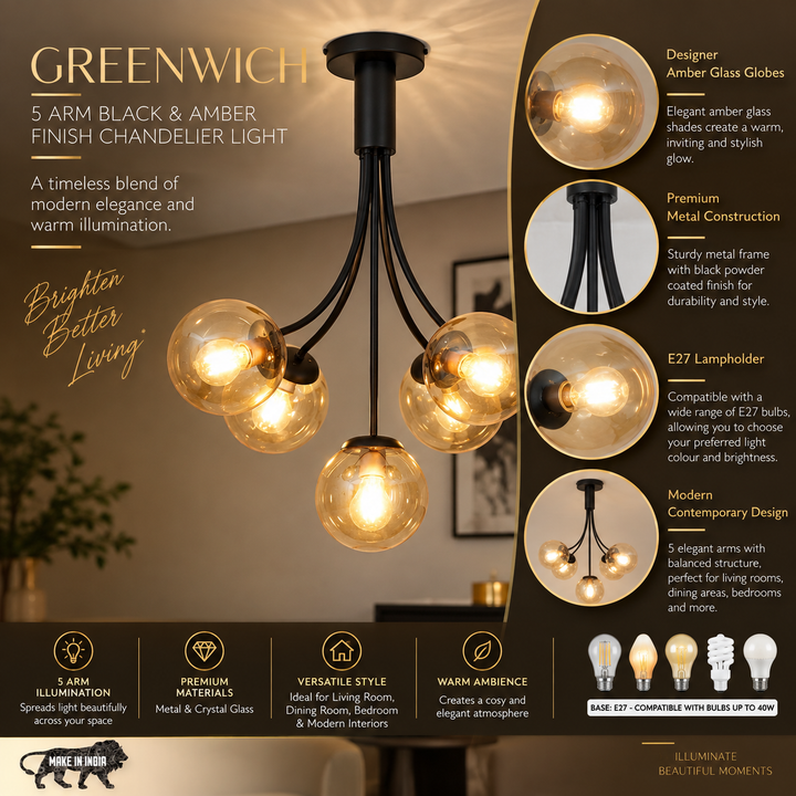 GREENWICH 5 Arm Black & Amber Finish Chandelier Light