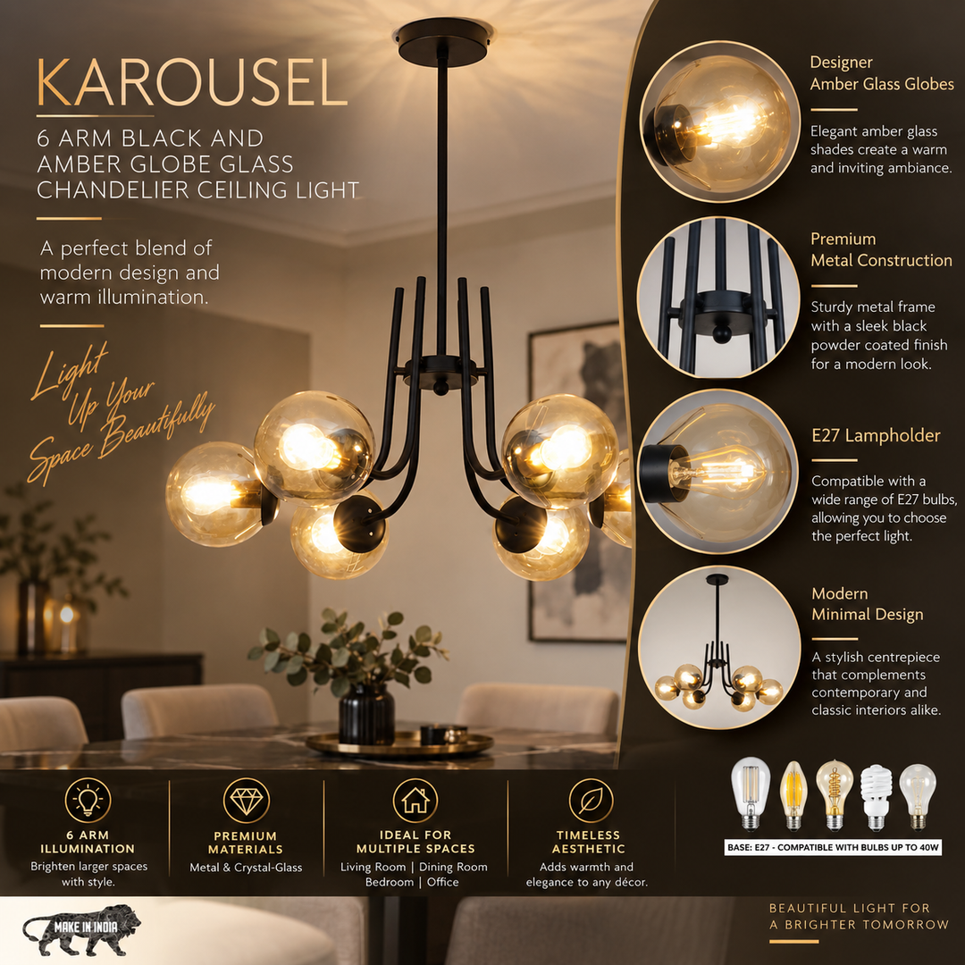 KAROUSEL 6 Arm Black And  Amber Globe Glass Chandelier Ceiling Light