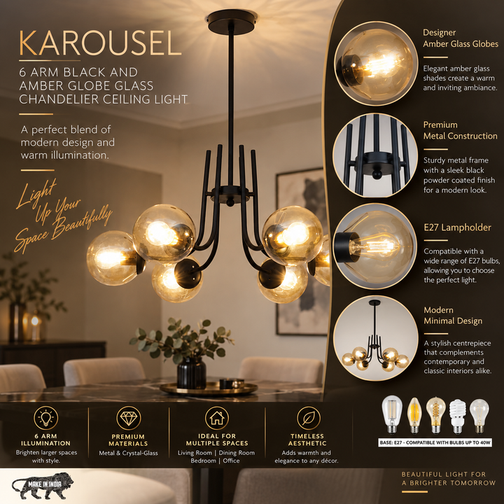 KAROUSEL 6 Arm Black And  Amber Globe Glass Chandelier Ceiling Light