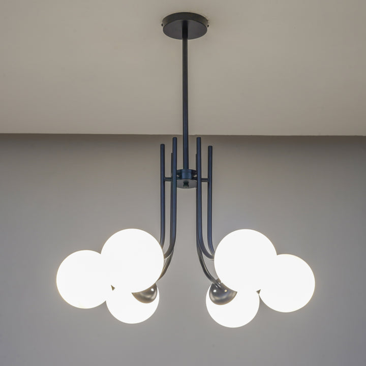 KAROUSEL 6-Light Modern Black Chandelier with Frosted White Globe Glass Shades