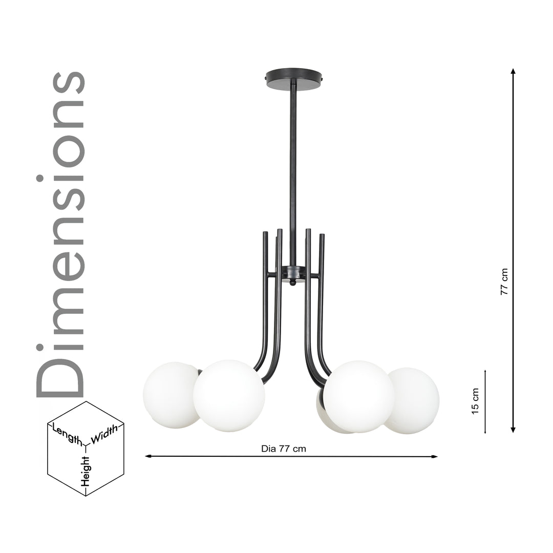 KAROUSEL 6-Light Modern Black Chandelier with Frosted White Globe Glass Shades