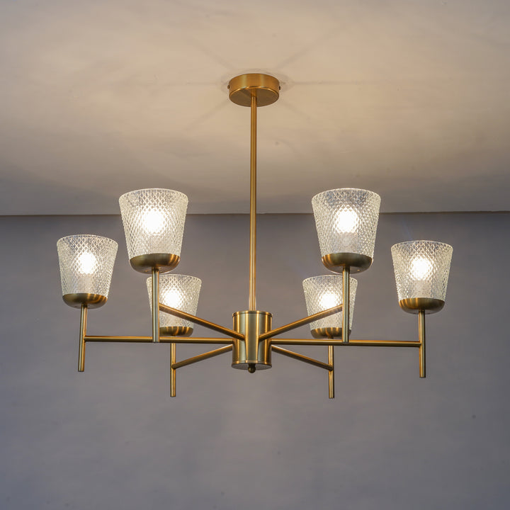 COMPERNICO 6-Light Brass Finish Chandelier with Textured Glass Shades