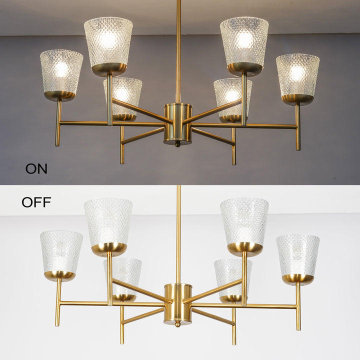 COMPERNICO 6-Light Brass Finish Chandelier with Textured Glass Shades