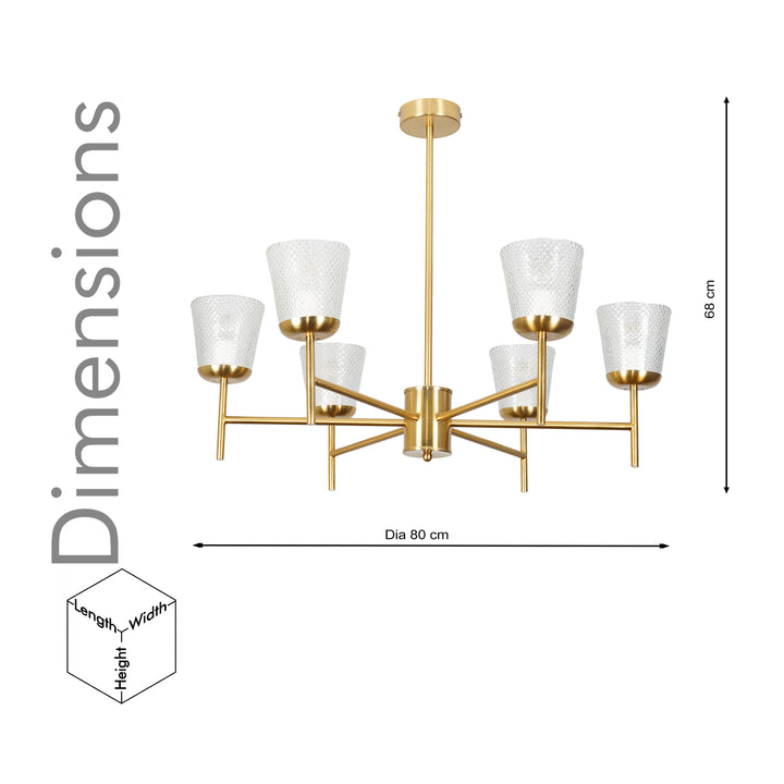COMPERNICO 6-Light Brass Finish Chandelier with Textured Glass Shades