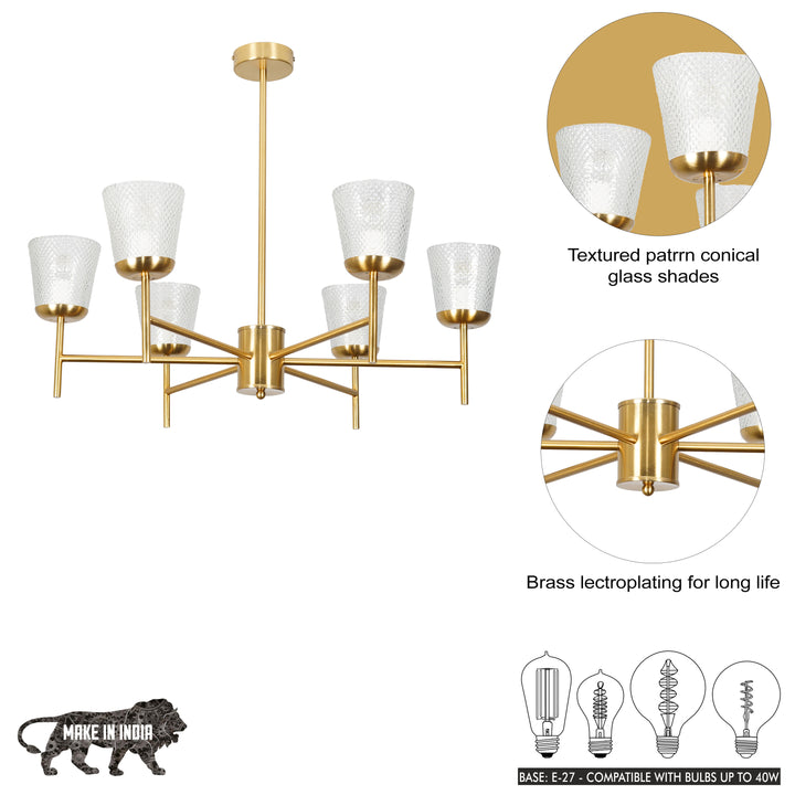 COMPERNICO 6-Light Brass Finish Chandelier with Textured Glass Shades