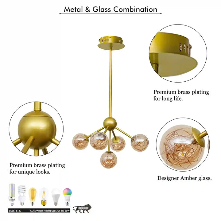 Indra 5-Lights Glass Globe LED Chandelier Light