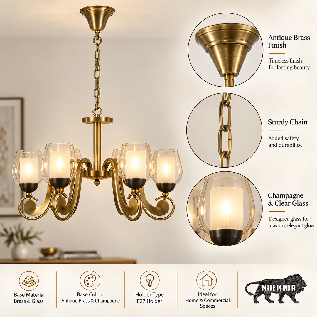 RICHMOND 6 Light Brass and Glass Chandelier