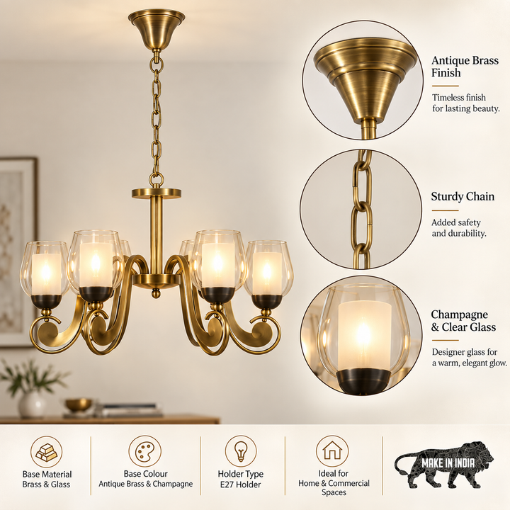 RICHMOND 6 Light Brass and Glass Chandelier