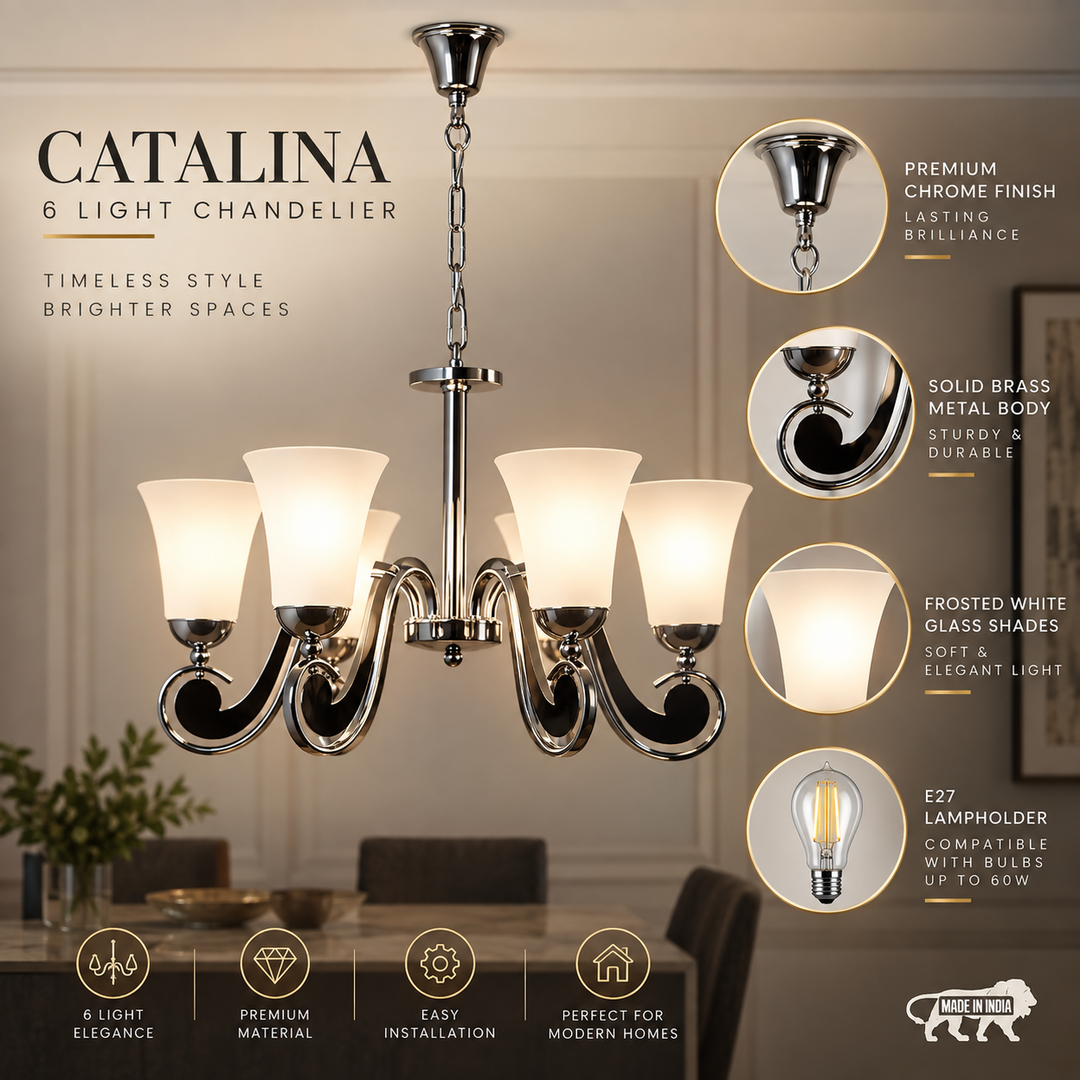 CATALINA 6 Light Chrome & Frosted White Glass Chandelier