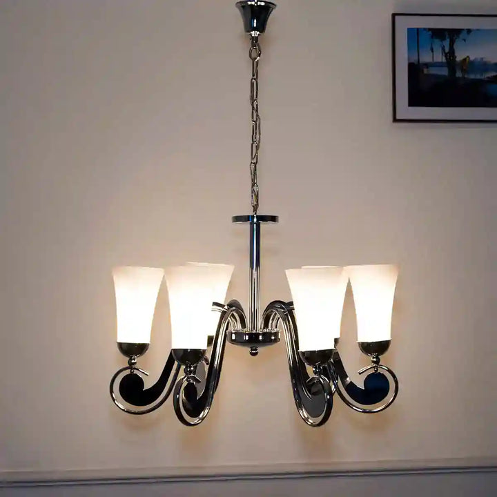 Catalina 6 Light Chrome & Frosted White Glass Chandelier