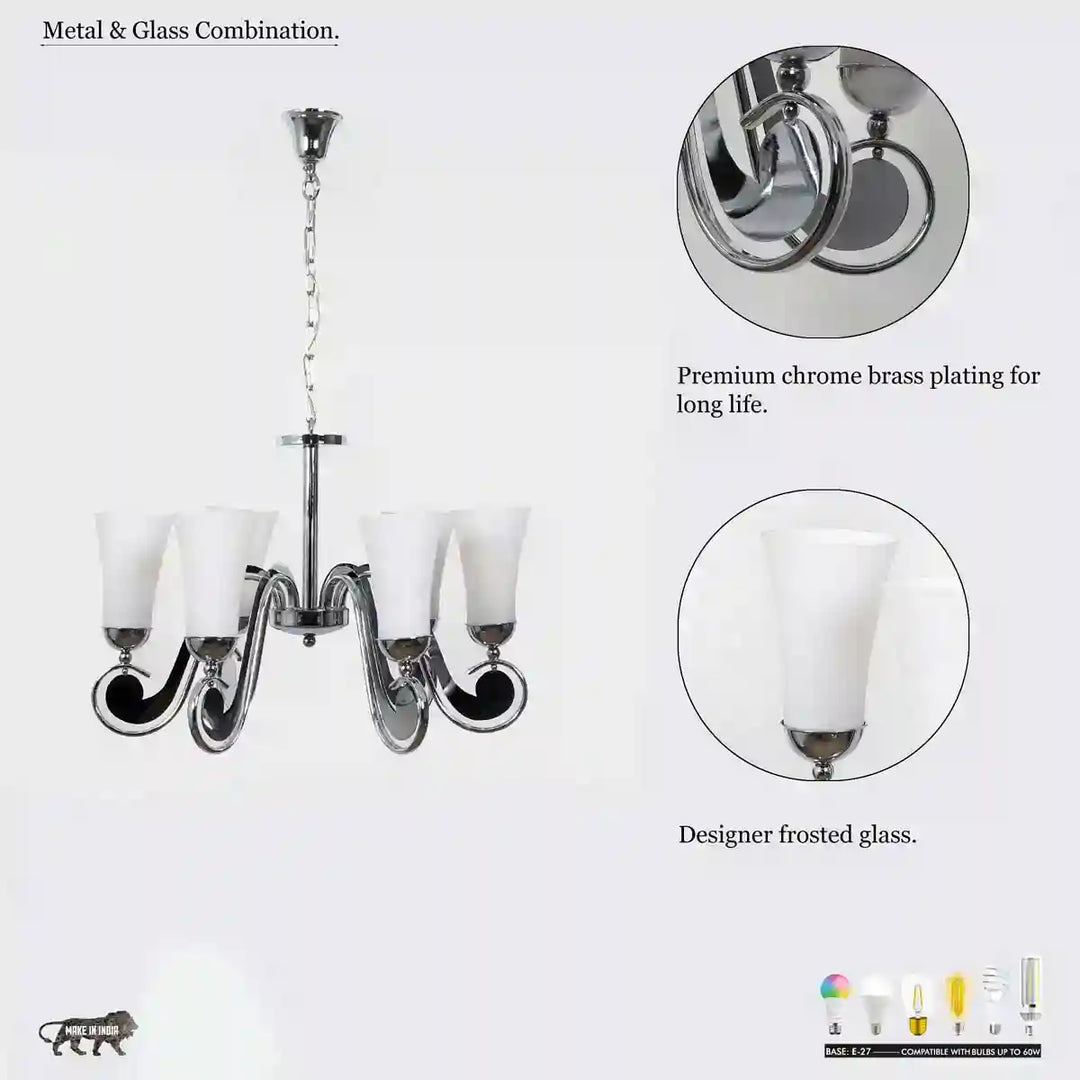 Catalina 6 Light Chrome & Frosted White Glass Chandelier