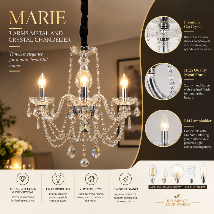 MARIE 3 Arms Metal and Crystal Chandelier