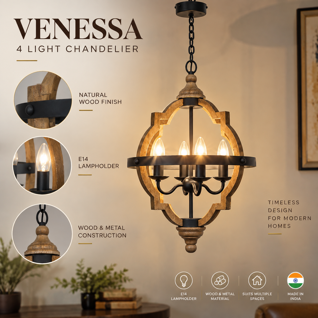 VENESSA 4 Light Chandelier in Natural & Black Finish