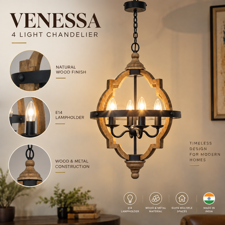 VENESSA 4 Light Chandelier in Natural & Black Finish