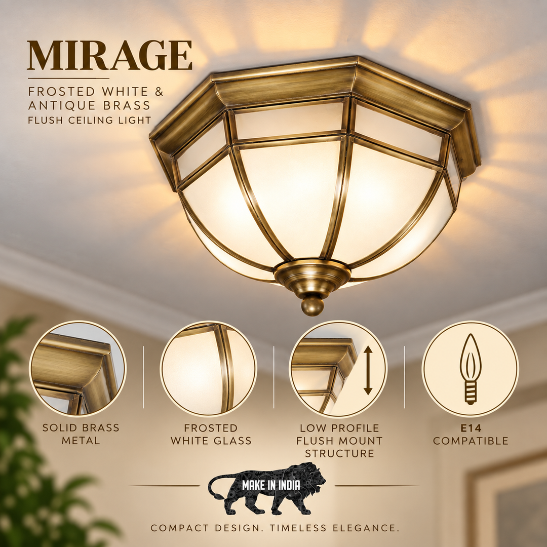 MIRAGE Frosted White & Antique Brass Flush Ceiling Light
