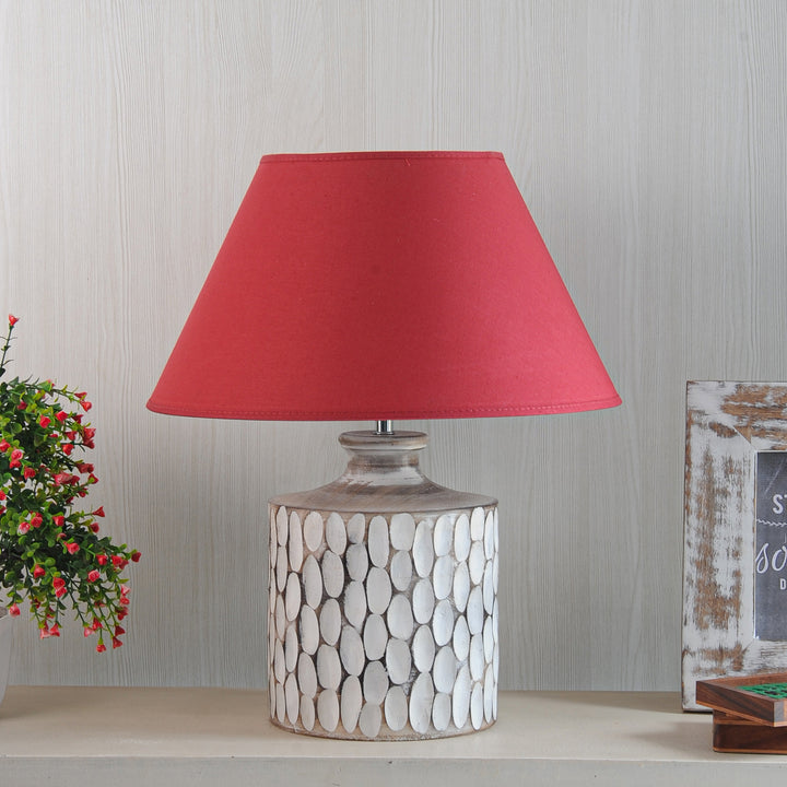 Garlen natural carved wood table lamp With White Cotton Shade