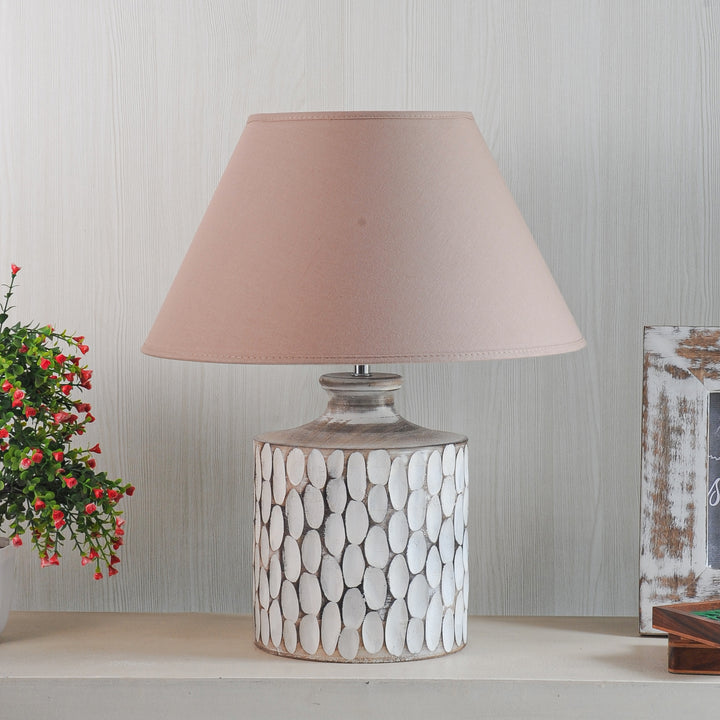 Garlen natural carved wood table lamp With White Cotton Shade