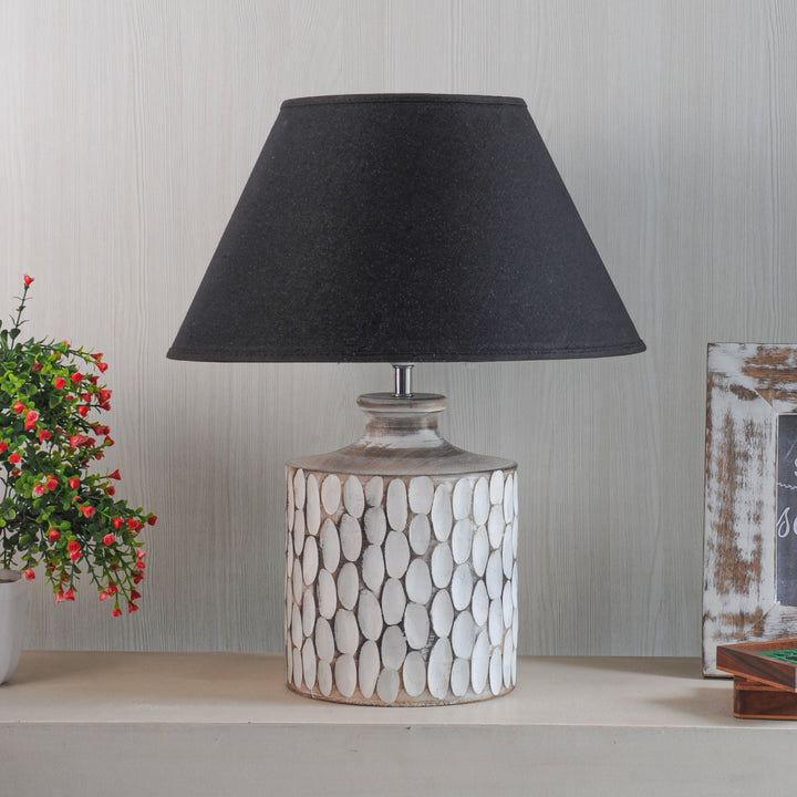 Garlen natural carved wood table lamp With White Cotton Shade