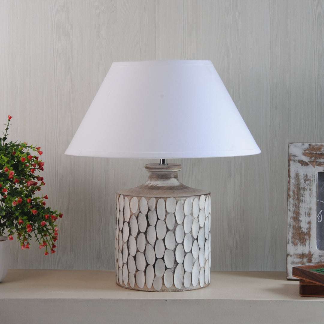 Garlen natural carved wood table lamp With White Cotton Shade