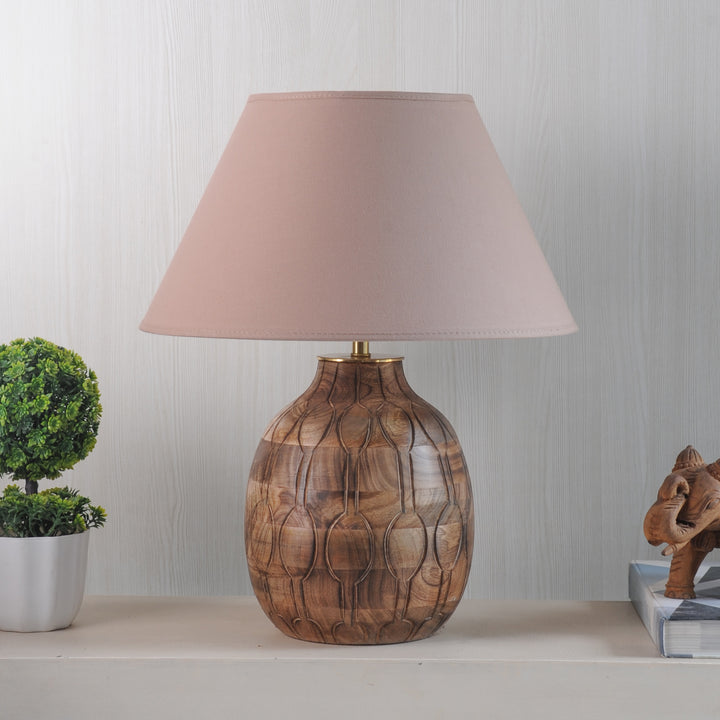 Samsula natural carved wood table lamp With Beige Cotton Fabric Shade