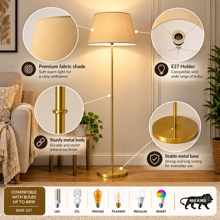MASERLO Metal Single Light Floor Lamp With Cotton Shade