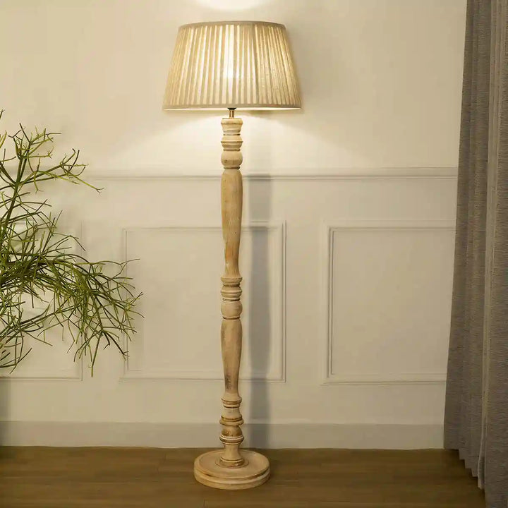 Siemon Wood Single Light Floor Lamp With Beige Shade