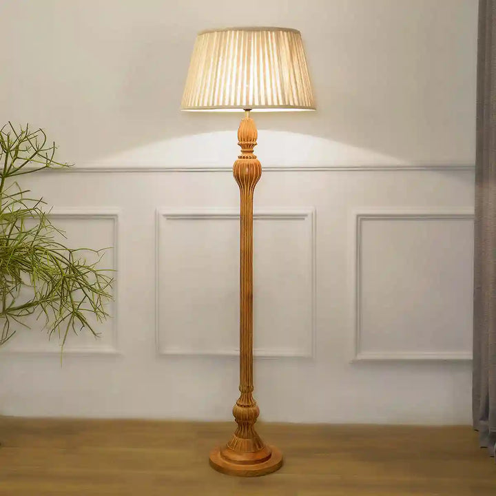 Sober Wood Single Light Floor Lamp With Beige Shade