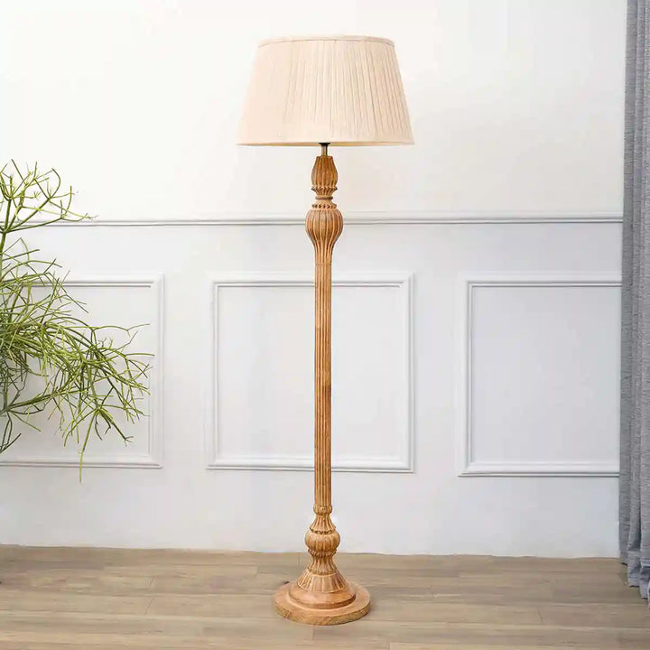 Sober Wood Single Light Floor Lamp With Beige Shade