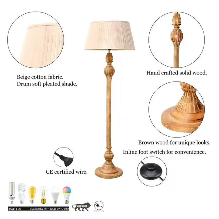 Sober Wood Single Light Floor Lamp With Beige Shade