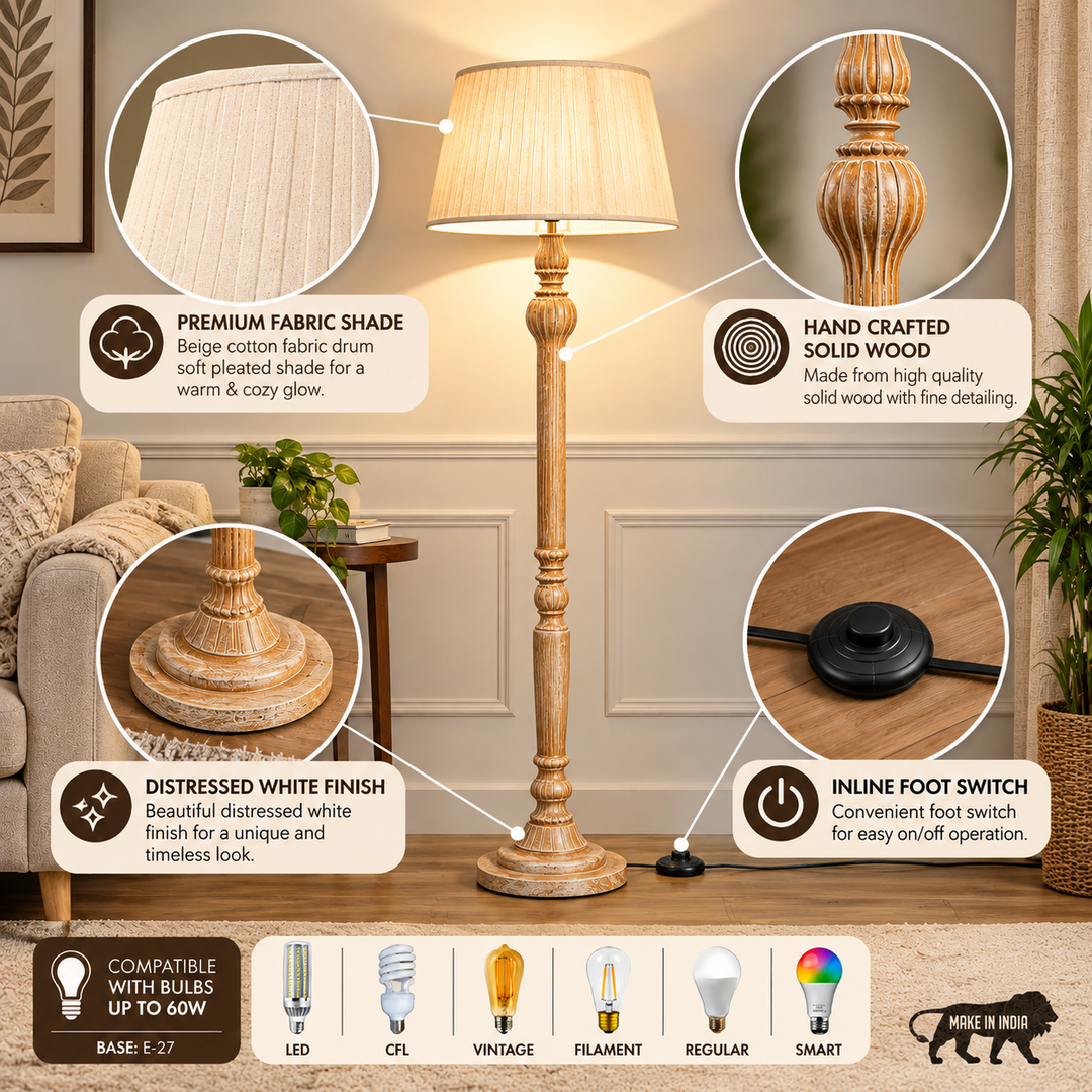 SOBER Wood Single Light Floor Lamp With Cotton Beige Shade